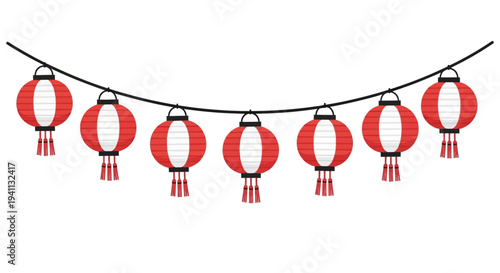 String of Red Chinese Lanterns Hanging Festive Decoration