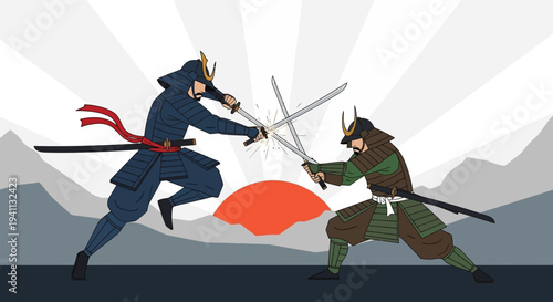 Samurai Warriors Duel at Sunrise with Swords