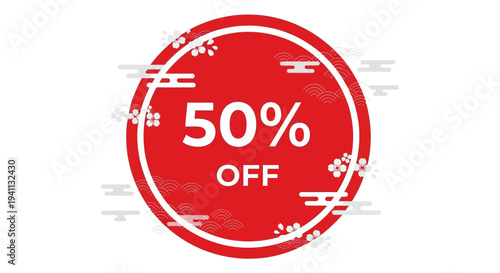 Red Circle 50% Off Sale Discount Tag with Japanese Traditional Patterns