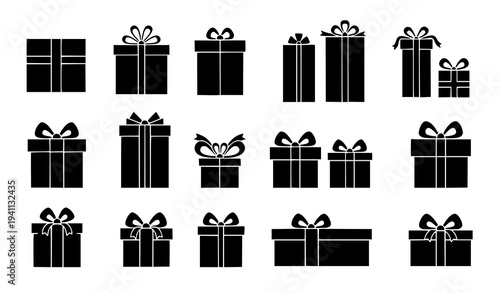 Gift box silhouette icon collection vector set of present symbols isolated on white