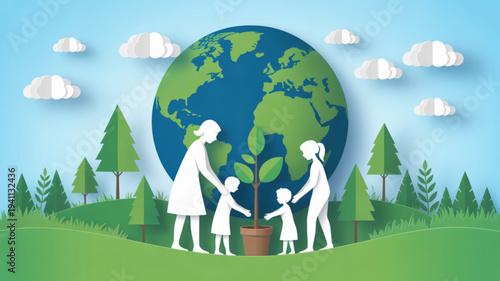 Family planting tree earth green environment nature conservation family bonding
