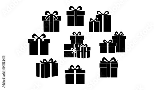 Gift box silhouette icons set with ribbon bows present symbol vector collection