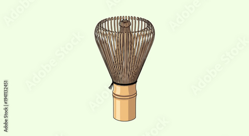 Traditional Bamboo Whisk (Chasen) for Matcha Tea Preparation Isolated on Light Green Background