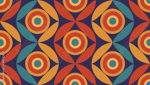 Retro concentric circles and leaf seamless pattern background