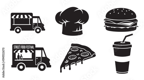 Education icons with graduation cap, open book, laptop, pencil and rulers, school building, and student reading.