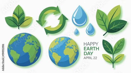Earth day illustration featuring globe icons recycling symbol water droplets and leaves on white background promoting eco friendliness and sustainability on april 22