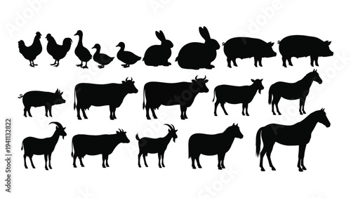 Black silhouettes of various farm animals