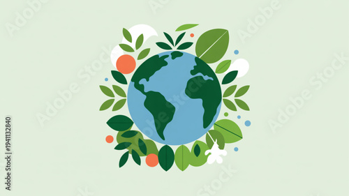 Earth surrounded by lush greenery and vibrant leaves on a light green background symbolizing eco friendliness and environmental conservation
