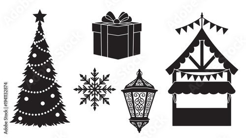 Christmas tree adorned with lights and star, gift box, snowflake, lantern, and festive market stall silhouette collection.