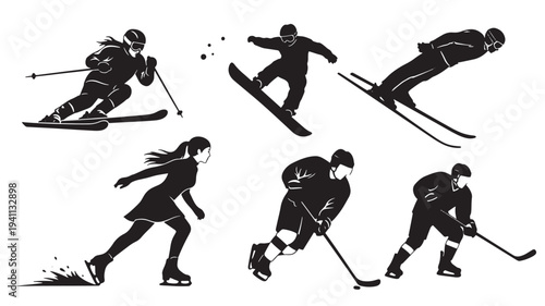 Winter sports icons with skiers, snowboarders, figure skaters, and hockey players in silhouette for active lifestyle themes