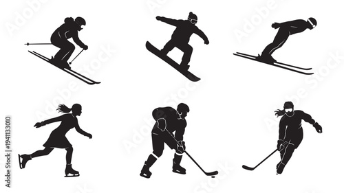 Silhouettes of athletes performing winter sports, including skiing, snowboarding, ice skating, and hockey on a white background