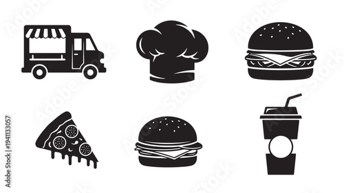 Food truck icon set with chef hat, burgers, pizza slice, and a drink cup for fast food and restaurant themes.