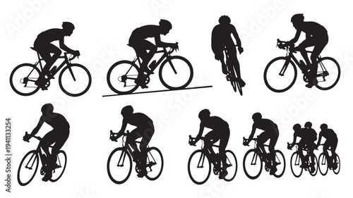 Bicyclists in silhouette, showcasing racing poses and group dynamics on white background. featuring cyclist, cycling, bicycle with rider and sport