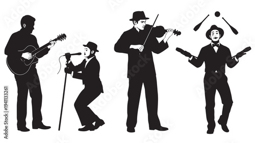 Musicians and juggler silhouettes, featuring a guitarist, singer, violinist, and a performer with juggling pins and balls.