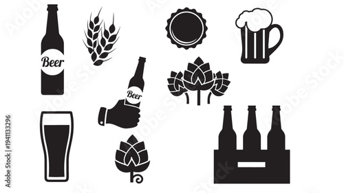 Beer icons set including bottles, glass, hops, wheat, and cap in simple black silhouette style featuring icon, bottle, mug with hand holding bottle