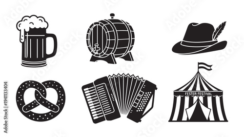 Beer mug, barrel, hat, pretzel, accordion, and festival tent icons represent Oktoberfest celebration elements
