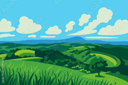 beautiful green hill scenic view landscape nature background flat color vector illustration template design