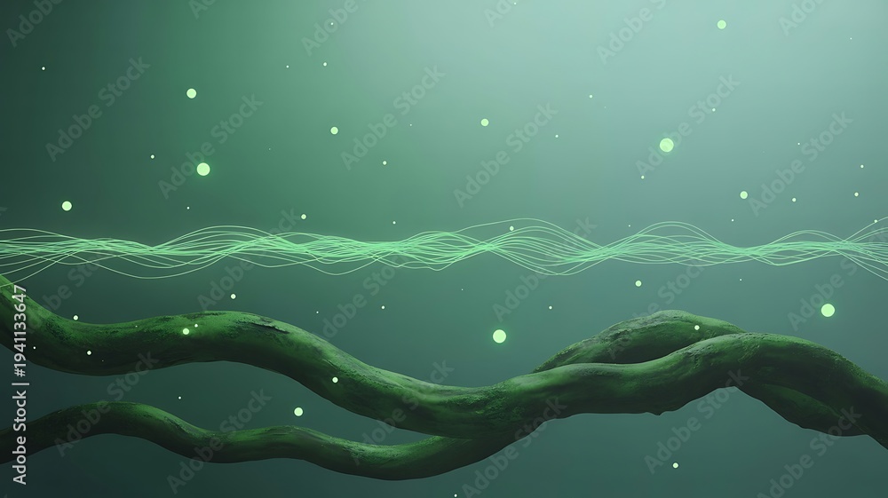 Fototapeta premium Ethereal green vines entwine with glowing particles and abstract light waves in a mystical forest setting