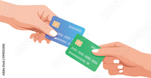 Hands holding credit plastic cards. Non-cash money turnover. Financial operations, transactions, investments, and payment concept. Vector flat illustration