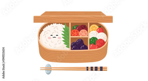 Cute Bento Box Lunch with Smiling Rice and Fresh Fruit, Chopsticks