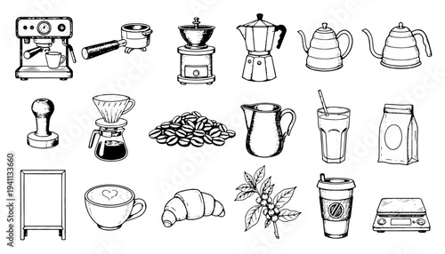 Coffee brewing equipment and cafe objects vector engraving style on white isolated background for menu poster design