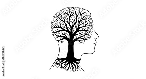 Tree of Life Inside Human Head Silhouette, Roots and Branches