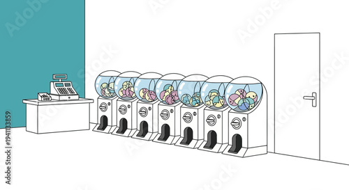 Row of Gumball Machines with Toys, Cash Register in Store