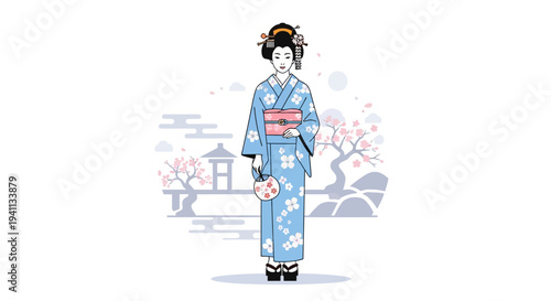 Traditional Japanese Geisha in Blue Kimono with Cherry Blossoms and Fan