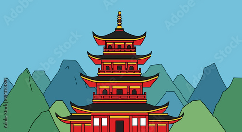 Vibrant Japanese Pagoda Architecture with Mountain Landscape Background