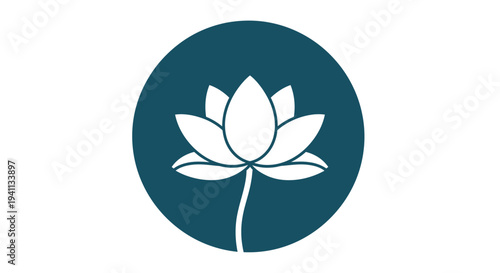White lotus flower icon in dark teal circle, minimalist symbol of peace and purity