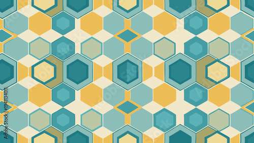 Retro geometric hexagon pattern in blue and yellow tones