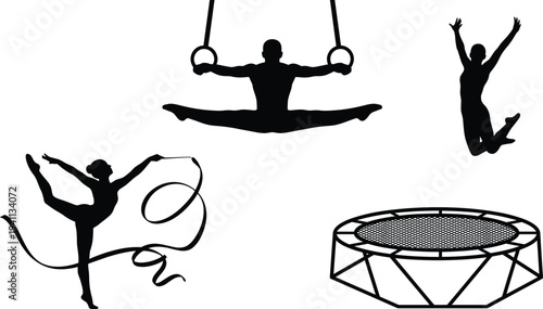 Large collection of gymnastics silhouettes including athletes on rings ribbon dancer jumping figure and trampoline for sports competition artistic training and athletic performance