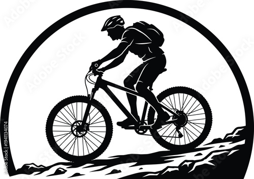 Mountain biker silhouette riding on rocky uphill terrain with backpack and helmet for extreme sports outdoor adventure fitness and off road cycling graphics