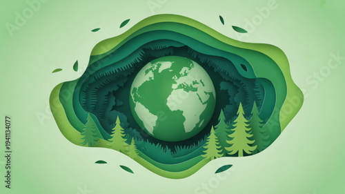 Earth surrounded by green forest layers and trees on a light green background symbolizing eco friendly environment and sustainability