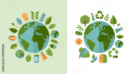 Earth surrounded by eco friendly icons and symbols on green and white backgrounds for environmental and conservation concepts