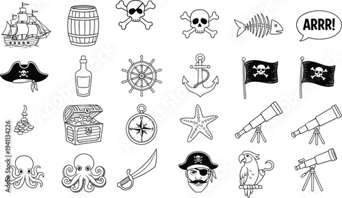 Pirate adventure line icons set with ship treasure chest skull anchor compass parrot telescope nautical vintage vector illustration