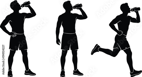 Male athlete silhouette drinking water from sports bottle while standing and running for fitness hydration health wellness and active lifestyle vector design