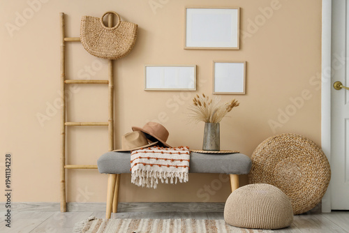 Grey bench, pouf and stepla...