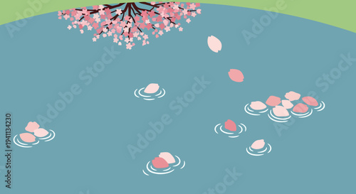 Cherry Blossoms Falling into Water, Spring Petals Floating on Surface Ripples