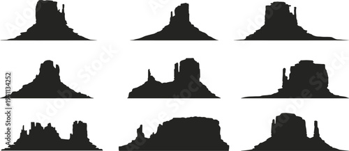 Desert rock formation silhouettes set with canyon mesas and buttes, black desert landscape vector collection isolated on light background for nature design