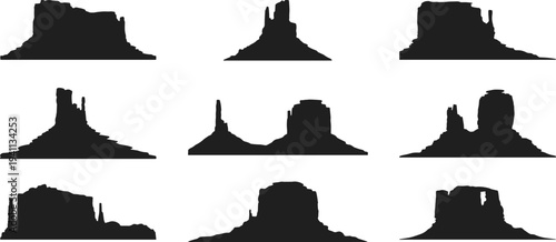 Desert rock formations silhouette set with canyon mesas and buttes, black desert landscape vector collection isolated on light background for nature design