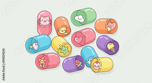 Cute kawaii sleeping capsules with cute drawings, cats, clouds, flowers, hearts, ice cream, stars