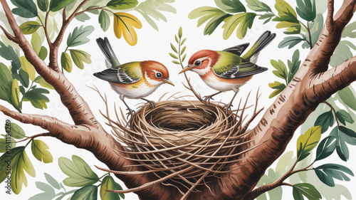 Two colorful birds perched on a tree branch with a nest surrounded by lush green leaves in a natural setting