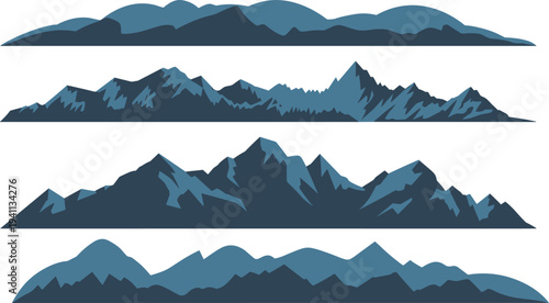 Blue mountain range landscape vector set with layered peaks and alpine silhouettes, natural mountain panorama collection isolated on light background for nature design