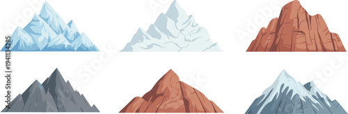 Mountain collection vector illustration set with snow peaks rocky cliffs and alpine landscapes isolated on light background, nature geology landscape design elements