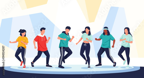 Diverse Group Dancing Energetically on Stage with Spotlights