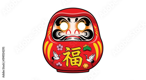 Japanese Daruma Doll with Cranes and Flowers, Symbol of Good Luck
