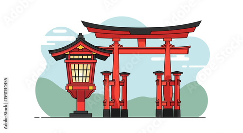 Traditional Japanese Torii Gate and Lantern Illustration