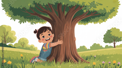 Little girl hugging a tree in a lush green meadow with flowers sunny day happy child nature outdoor play tree love green grass colorful flowers joyful kid environmental