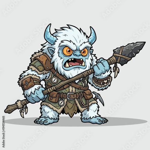 Cartoon Fantasy Yeti Monster Warrior with Spear